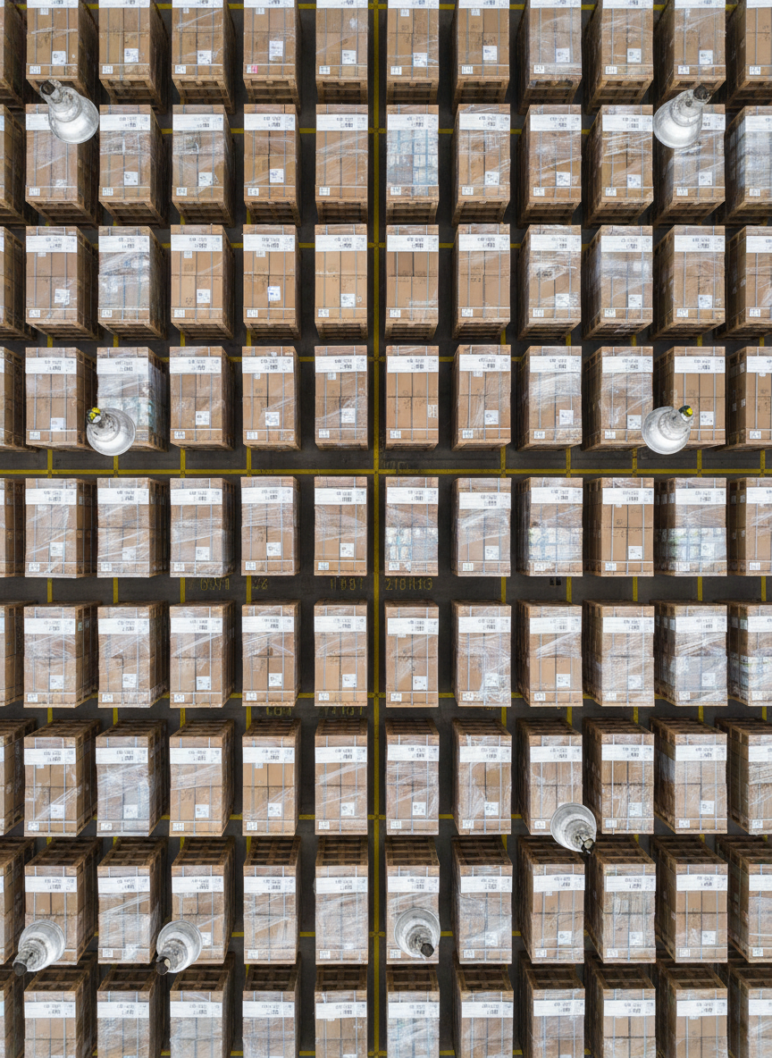 An overhead photographic view of a meticulously organized warehouse storage zone dedicated to secure palletized goods. Rows of wooden pallets wrapped in tight, transparent stretch film are aligned in perfect grids on a spotless concrete floor, each space marked with bold alphanumeric codes. Soft, diffused industrial lighting from high-bay fixtures creates gentle, uniform brightness with minimal shadows, emphasizing clarity and structure. The composition is symmetrical and top-down, highlighting patterns and efficiency. The mood is calm, precise, and controlled, ideal for illustrating systematic ambar ve depolama (warehouse and storage) services focused on safety, traceability, and timely dispatch.