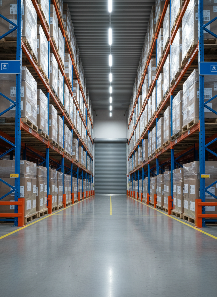 An immaculate interior warehouse aisle lined with tall, blue-and-orange metal racking systems stacked with uniformly wrapped pallets and clearly labeled boxes. The polished concrete floor reflects overhead LED strip lighting, which casts crisp, even illumination without harsh shadows. At the far end, a large roll-up door hints at outbound logistics. Warning signs, floor markings, and neatly arranged safety barriers reinforce a sense of controlled organization. Captured from a slightly low, centered perspective with deep focus, the photographic image feels structured, calm, and secure, perfectly conveying professional storage, inventory accuracy, and dependable logistics operations.