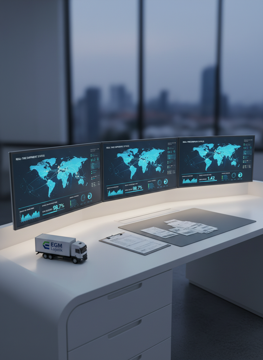 A minimalist logistics control room setup without people, featuring a sleek white workstation with multiple large monitors displaying stylized world maps, route lines, and real-time shipment status dashboards. A small model truck with the EGM Lojistik logo sits beside an organized clipboard and neatly stacked shipping labels. Cool, neutral LED lighting creates a clean, glare-free environment, reflecting softly off the matte white desk surface. Captured from a slightly elevated angle with shallow depth of field, the monitors remain in crisp focus while the background softly blurs. The photographic realism and cool, modern palette convey technological precision, proactive tracking, and commitment to on-time delivery.
