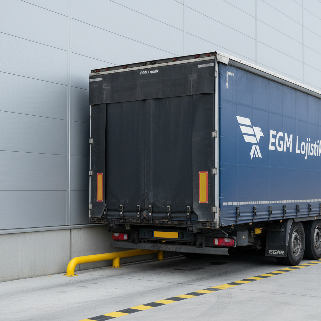 A close-up photographic view of a branded EGM Lojistik cargo truck trailer backed precisely into a modern loading dock, with a robust dock shelter sealing the connection and a metal dock leveler extended into the truck. The building wall is clean light gray with minimalistic design, and the dock area features bright yellow bumpers and safety stripes on the smooth concrete. Cool, diffused overcast daylight minimizes glare and enhances every texture, from the ribbed metal panels to the rubber shelter. Framed from a three-quarter angle, the image emphasizes alignment, safety, and punctual, secure loading, creating a highly professional, trustworthy mood.