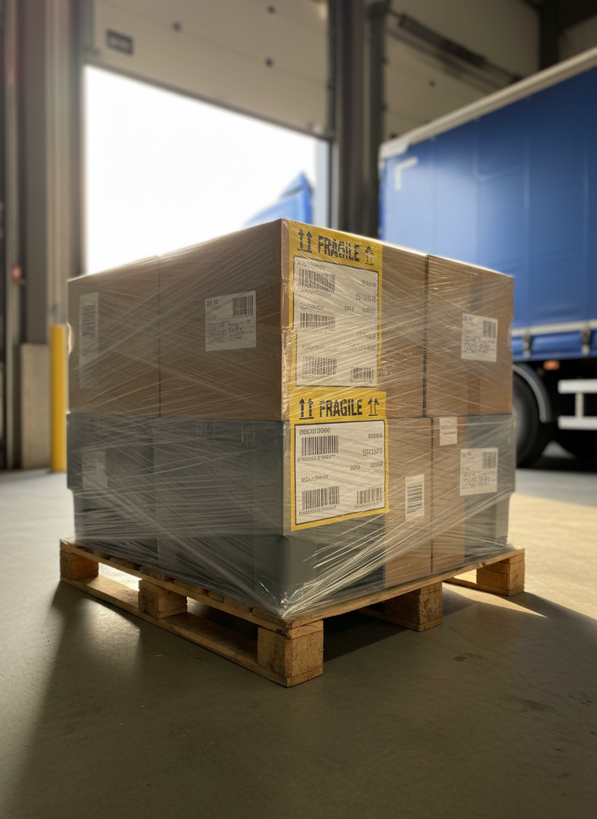 A detailed close-up of securely wrapped and labeled cargo prepared for shipment in a professional warehouse. Sturdy corrugated cartons and rigid plastic containers sit on a robust wooden pallet, tightly wrapped in clear stretch film with tension lines visible. Prominent shipping labels, barcodes, and “FRAGILE” and “HANDLE WITH CARE” icons reinforce safety. The pallet rests near a loading bay door with a glimpse of an out-of-focus truck trailer outside. Warm late-afternoon light streams in from the open door, casting gentle shadows and subtle highlights on the packaging textures. Shot at an eye-level, three-quarter angle, the photographic composition feels reliable, meticulous, and ready for on-time dispatch.