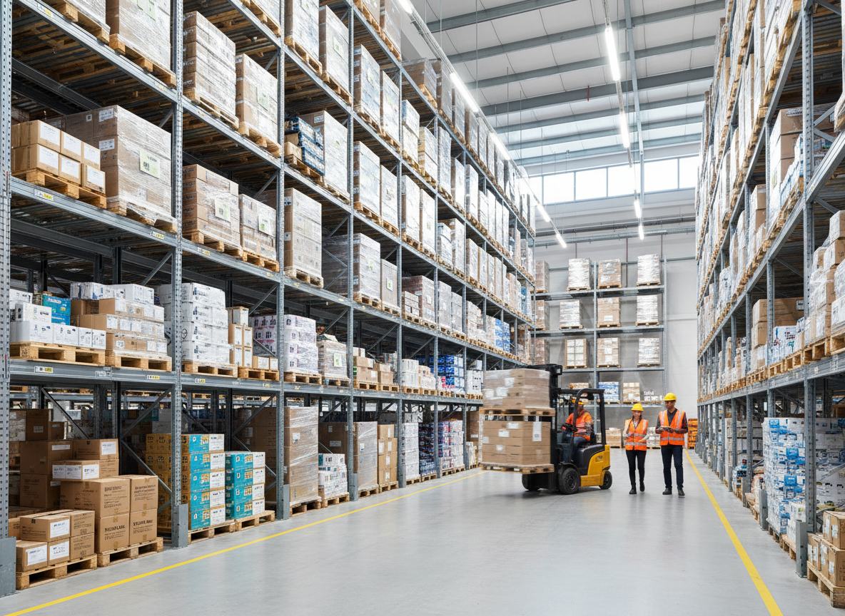 Modern depolama tesisi iç görünüm, raflar ve forklift